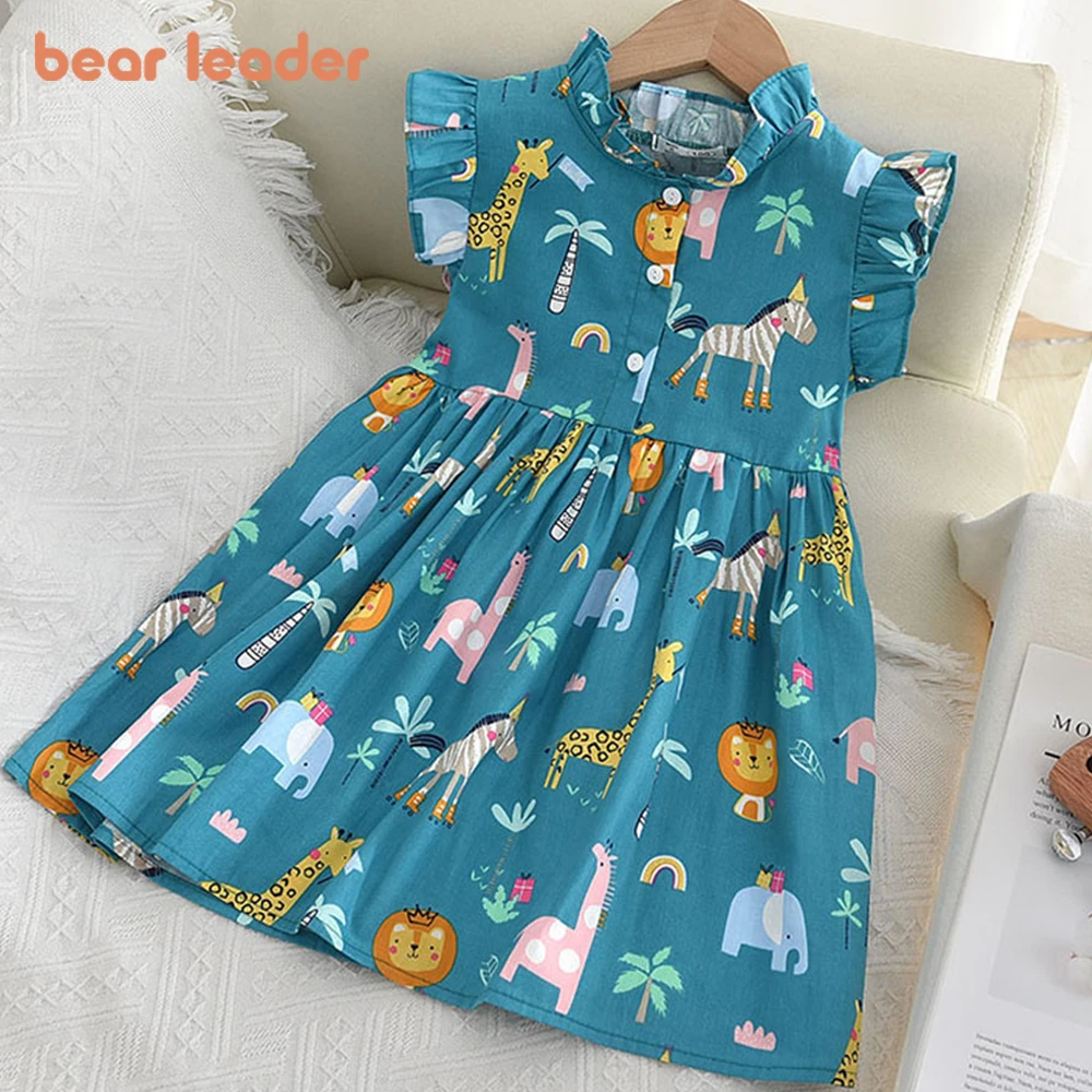 Bear Leader Cartoon Print Baby Girls Princess Dress New Fashion Summer Floral Dresses Toddler Kid Party Clothes Children Vestido