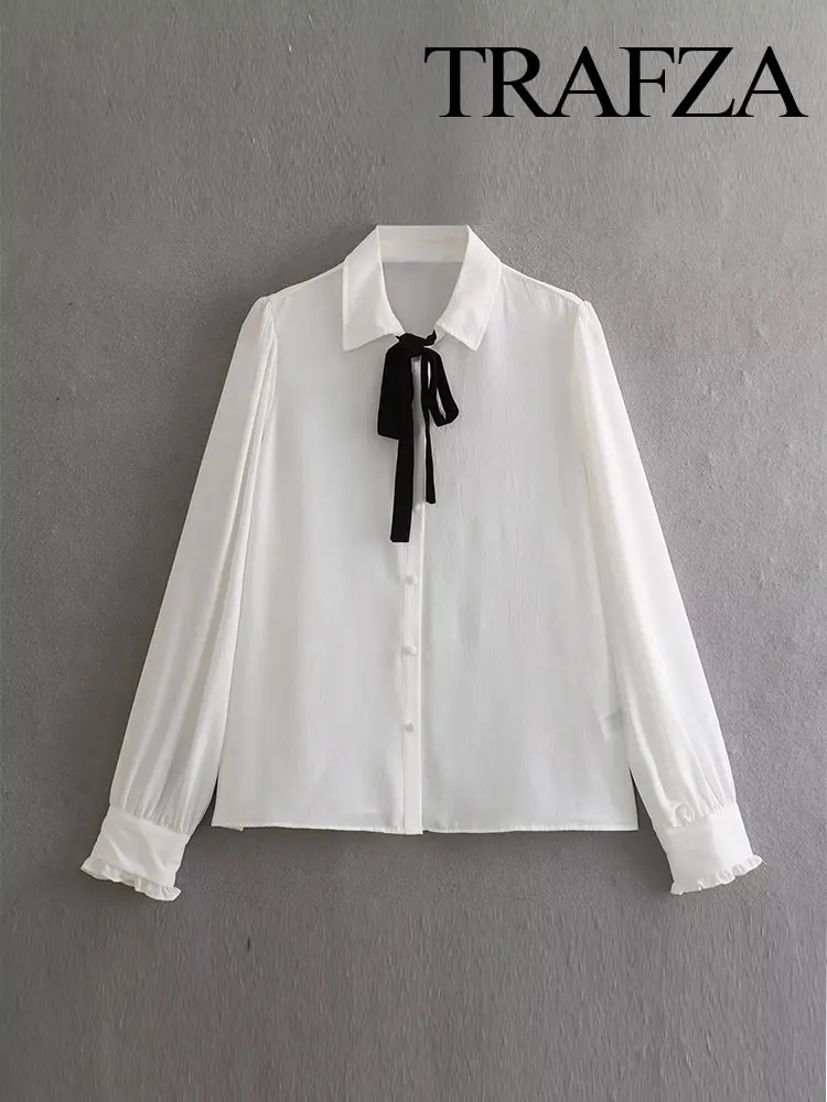 

TRAFZA Women's Fashion Lace-up Stitching Satin Shirt Retro Bowl Long-sleeved Button Women's Solid Color Shirt Chic Top Autumn