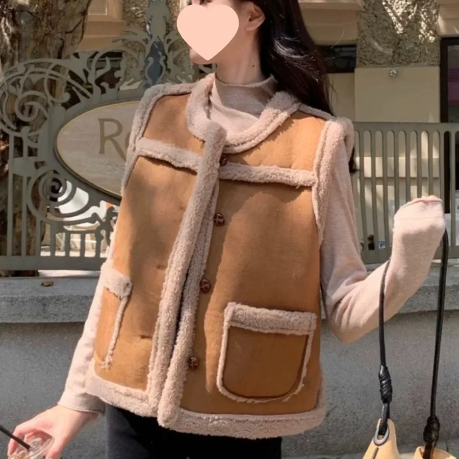 

Lamb Jacket Collar Thickened Spring Autumn Outerwear Skin Fur Integrated Fashionable New Style Sheepskin Vest for Women