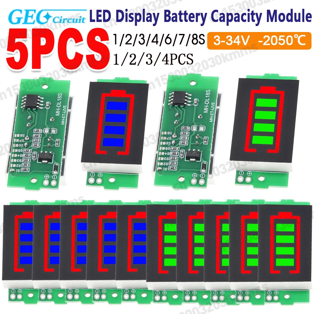 1-5PCS 1/2/3/4/6/7/8S Lithium Battery Capacity Indicator Module 4 Sections Electric Vehicle Battery Power Tester 3-34V 5mA