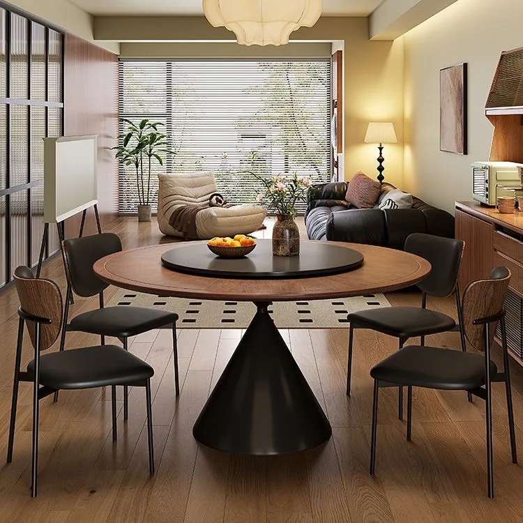 #Modern High-End French Retro Dining Table with Solid Wood Turntable Wooden Inlay and Wood Texture Home Feel Stone Top