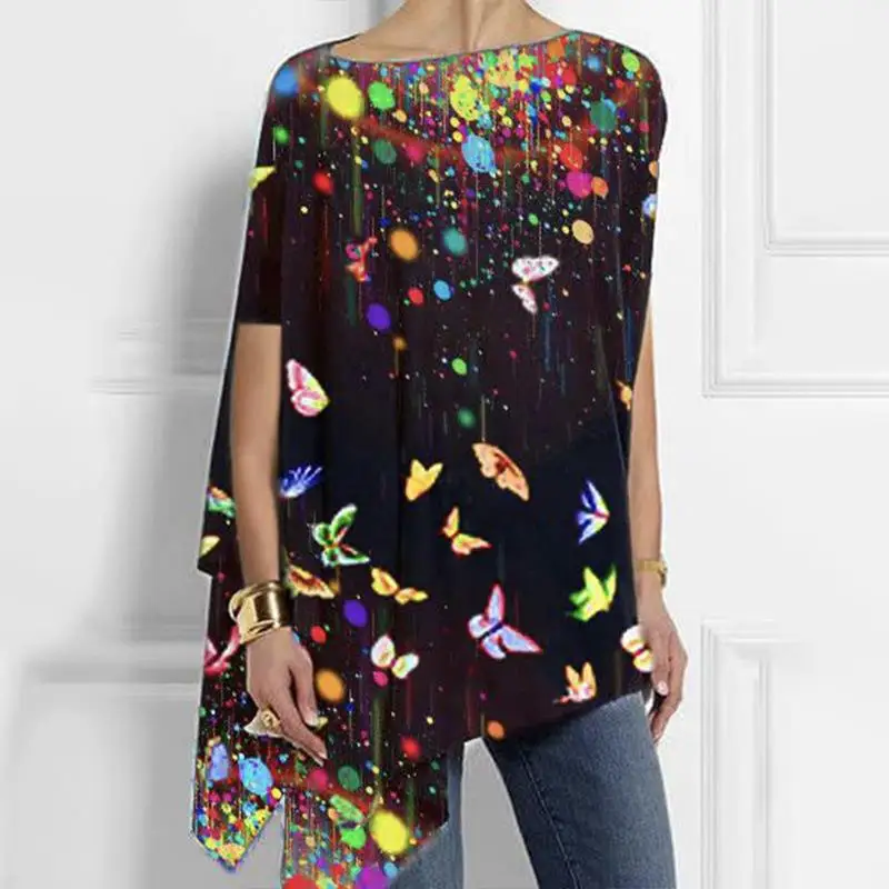 

Loose Unisex Short Sleeve round Neck T-Shirt Animal Print Asymmetrical Design Comfortable Fit Fashionable Women's Top
