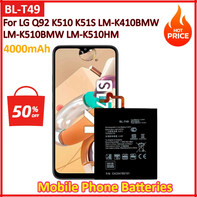 4000mAh BL-T49 Battery For LG Q92 K510 K51S LM-K410BMW LM-K510BMW LM-K510HM Mobile Phone Bateria