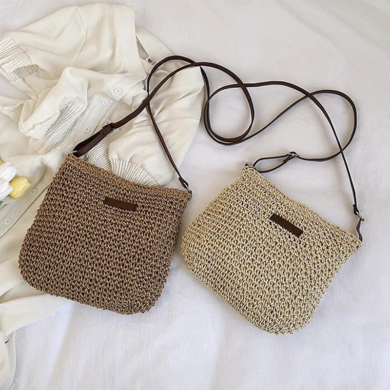 Fashion Straw Casual Crossbody Bag For Women Girls Versatile Beach Holiday Handmade Woven Shoulder Handbag Crossbody Bag