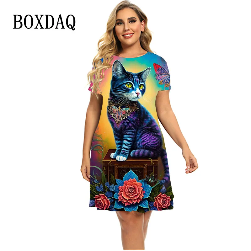 

Sweet Women Painting Cartoon Cat Dress Fashion 3D Gradient Print Street A Line Dress Summer Casual Party Ladies Oversize Vestido