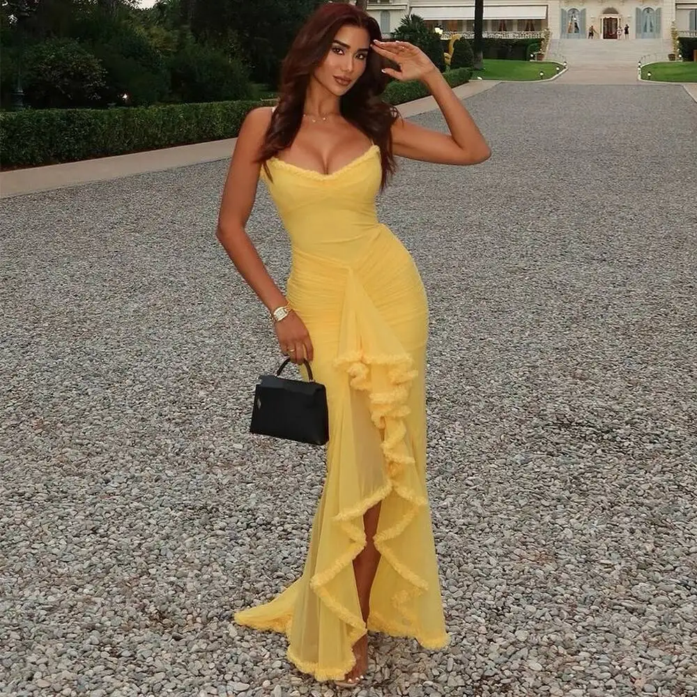 Nieregularne Sukienki na Imprezę z Siateczki Nowości 2025 Cienkie Ramiączka Obcisła Modna Marszczona Długa Sukienka Damska