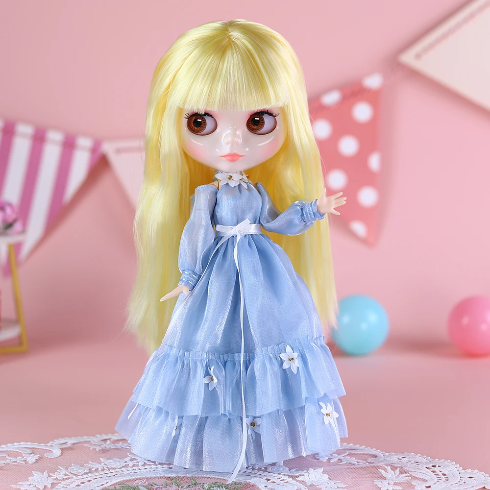 Icy dbs blyth pele justa rosto brilhante longo cabelo loiro com franja bjd 30cm boneca incluindo vestido menina festival presente de aniversário