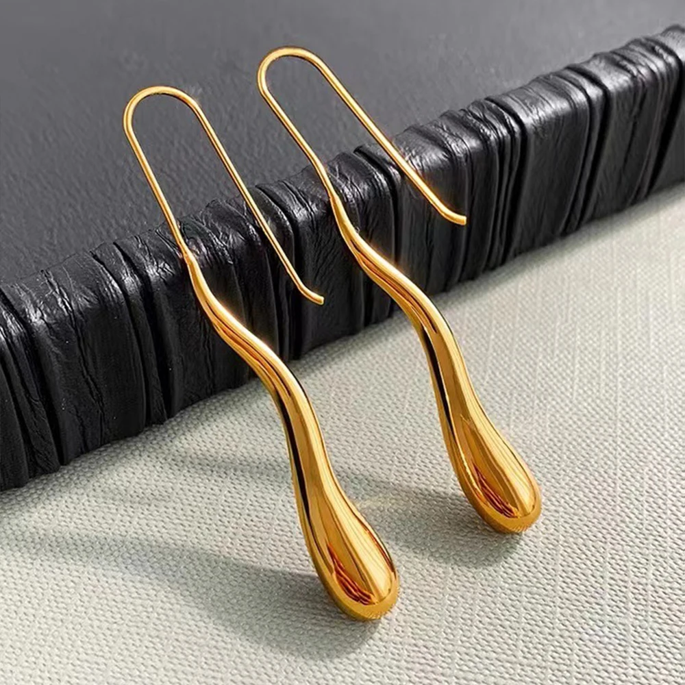 Retro Stainless Steel Bent Long Water Drop Earrings for Women Simple Hick Polished Metal Dangle Earring Fashion Chic Jewelry