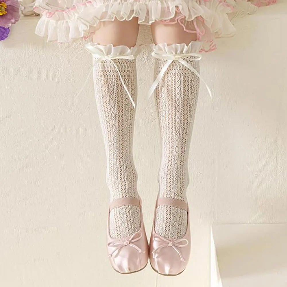 Girls lace socks thin long tube lace bow Lolita ballet baby girl calf socks in summer.
