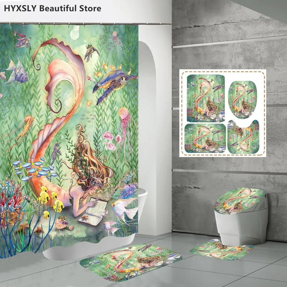 Mermaid Shower Curtain 4Pcs Set Fish Tail Beautiful Polyester Shower Curtain Pedestal Rug Set Bathroom Decor Waterproof Curtain