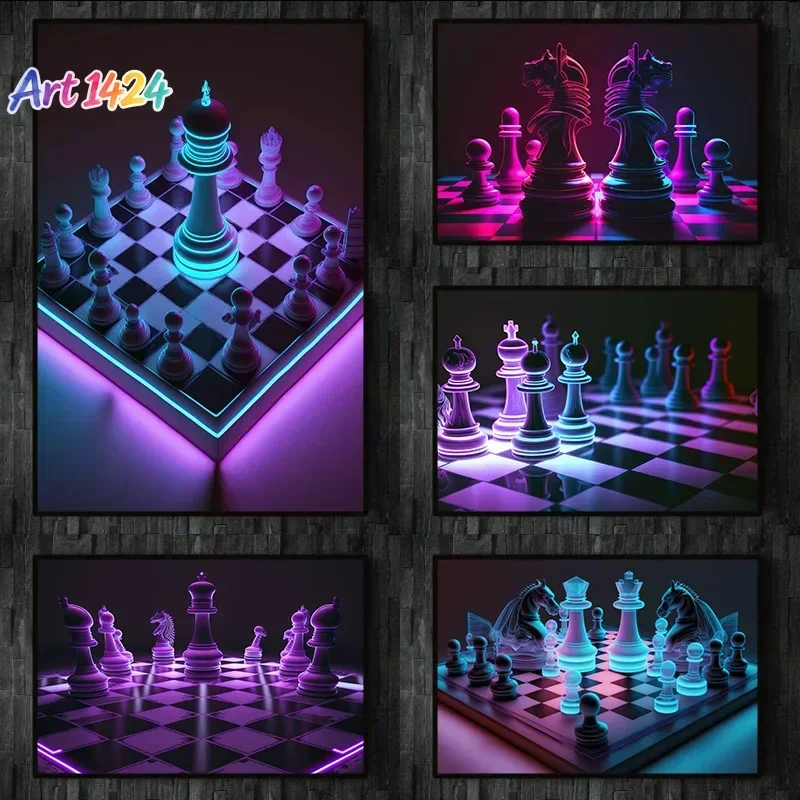 1pc frameless Game Chess Neon Luxury Chess Aesthetic Canvas Posters and Prints Wall Art Picture For Living Room ation