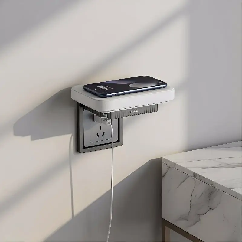 Bohrfreies Steckdosenregal - Multifunktionales Steckdosen-Aufbewahrungsregal & Handy-Ladestation, Perfekt für Küche, Schlafzimmer & Büroschreibtisch