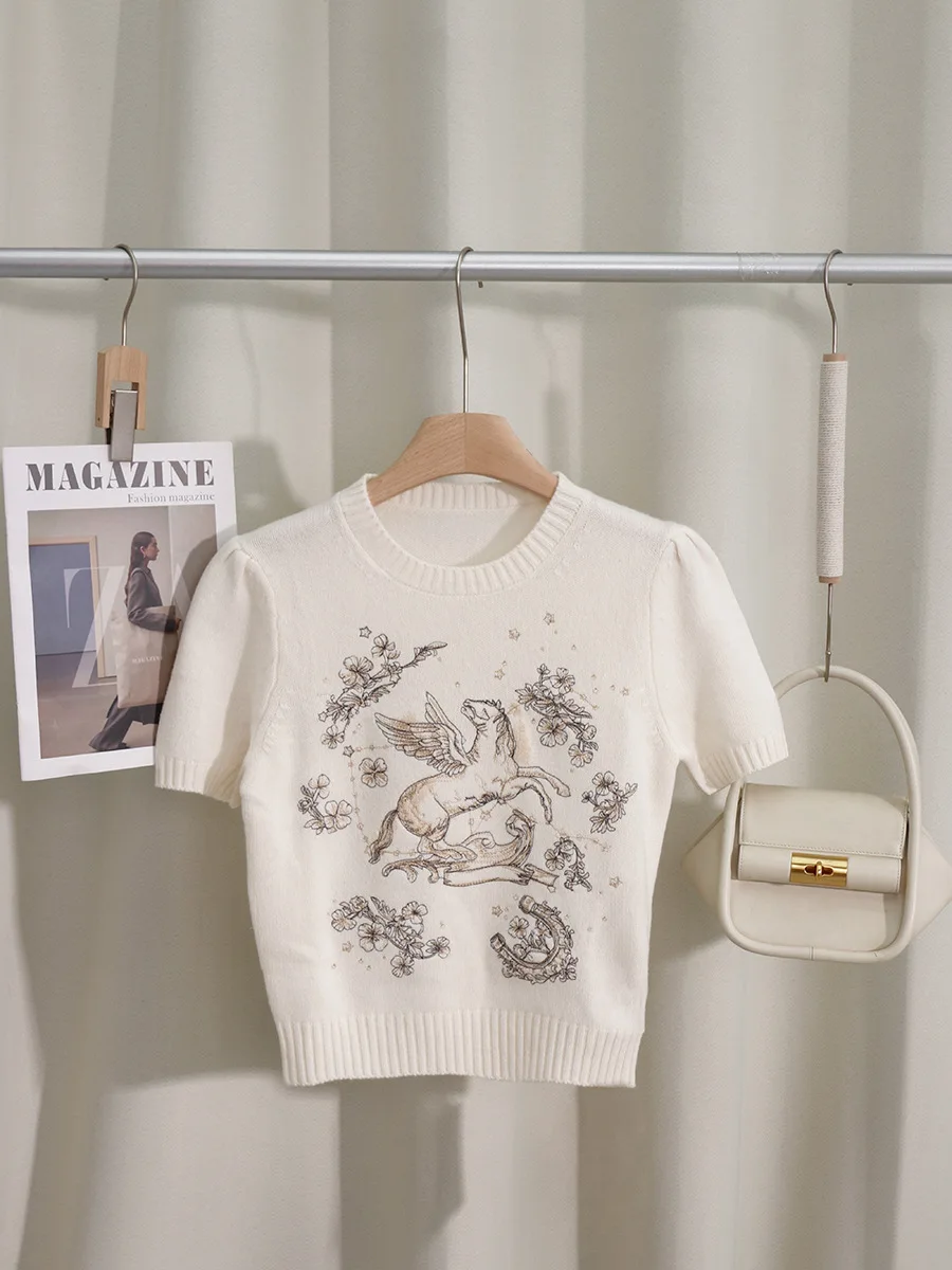 

Новогодний женский вязаный топ из 100% шерсти с объемной вышивкой, приталенный, с коротким рукавом, для повседневной носки, с животным принтом