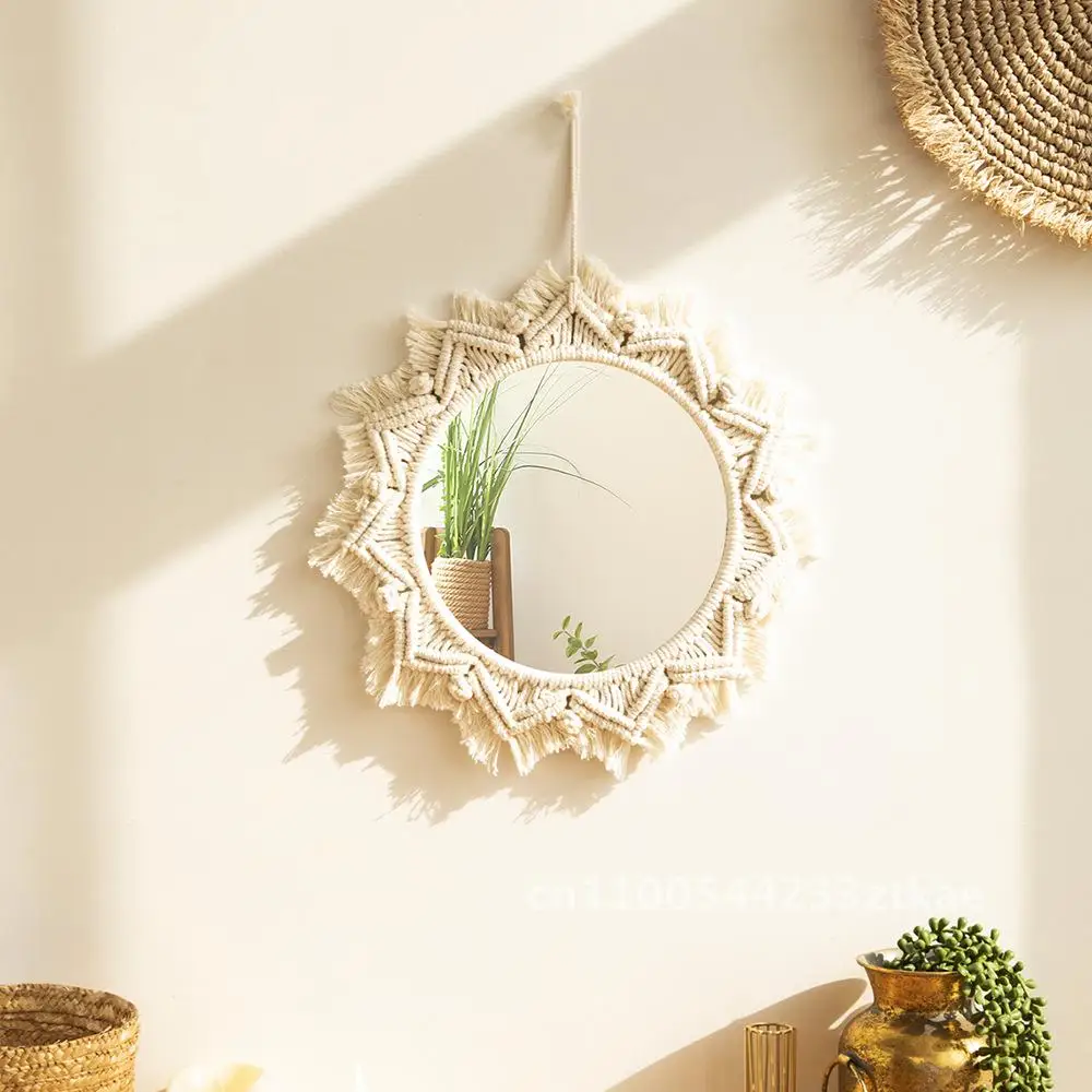 

Handwoven Macrame Tapestry Mirror Home Decor Cotton Thread with Wooden Beads Pastoral Style Bedroom Accessory Gray White Black