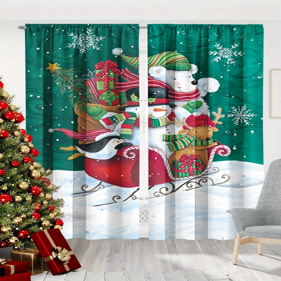 2PCS Christmas Winter Curtains, Animal Sleigh Snowman Bear Reindeer Penguin, Digital Print, Bedroom Living Room, Home Decor