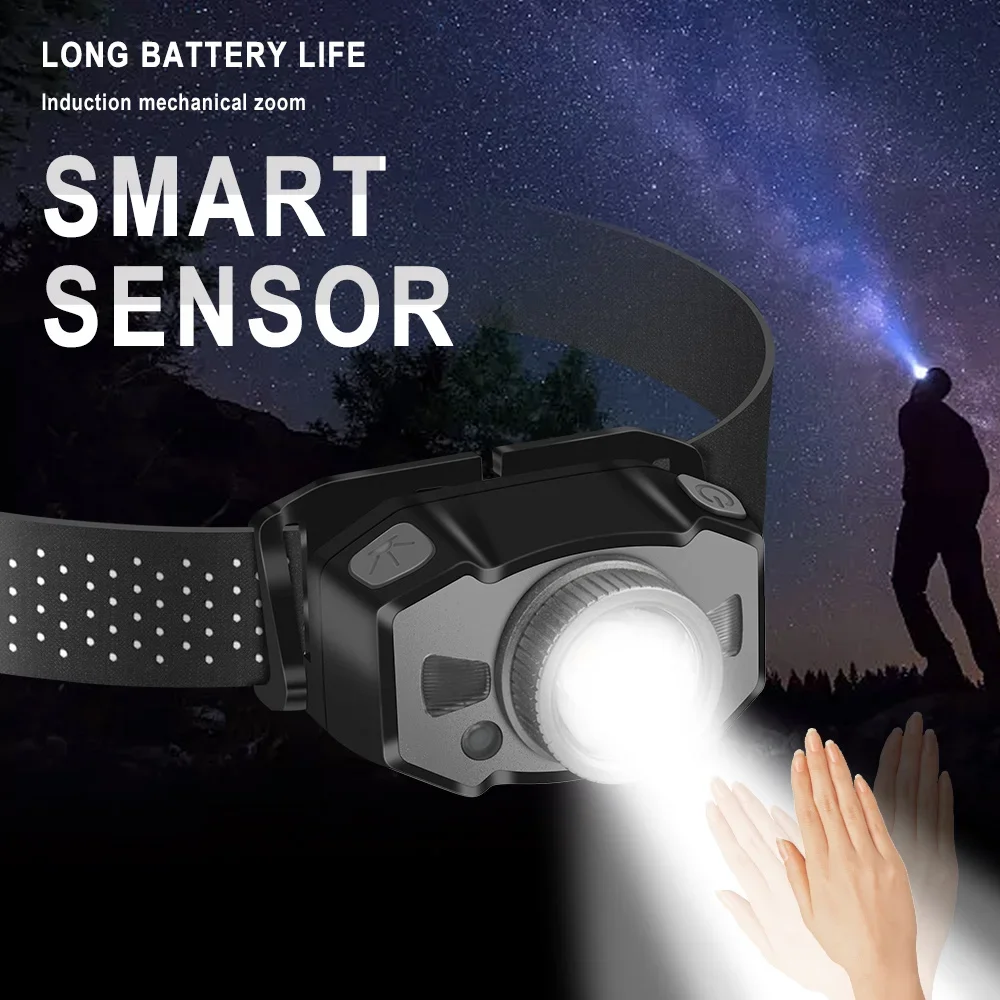 BORUiT B33 Motion Sensor LED Mini Headlamp XP-G2 3030 Red Light Zoom Headlight USB Rechargeable Head Torch Fishing Flashlight