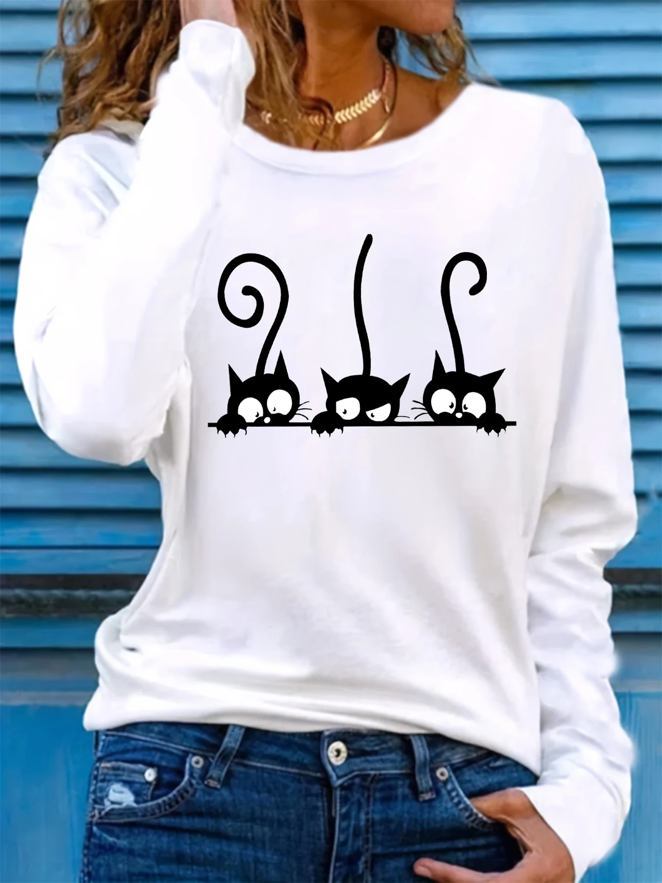 

100% чистый хлопок, женская весенне-осенняя свободная удобная футболка с круглым вырезом и длинными рукавами с рисунком кота