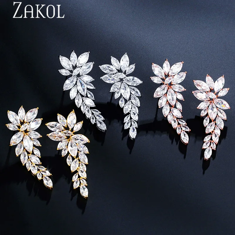 ZAKOL Luxury Marquise Cut Cubic Zirconia Leaf Long Dangle Earrings for Women Bridal Wedding Dinner Jewelry Birthday Gift EP2329