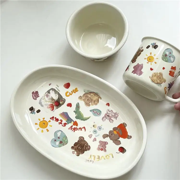 

Korean INS Cute Children's Fun Tableware Girl Cream Graffiti Ceramic Plate Dessert Bowl Breakfast Milk Cup Tableware Set