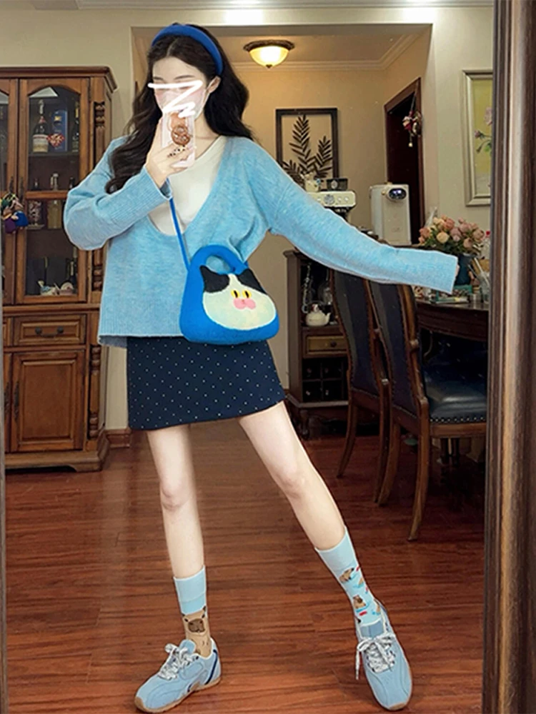

Blue V-Neck Knitwear Sweater Vest Layering Two-Piece Set Lazy Style Early Autumn Fashion Casual Women's Premium Sensation