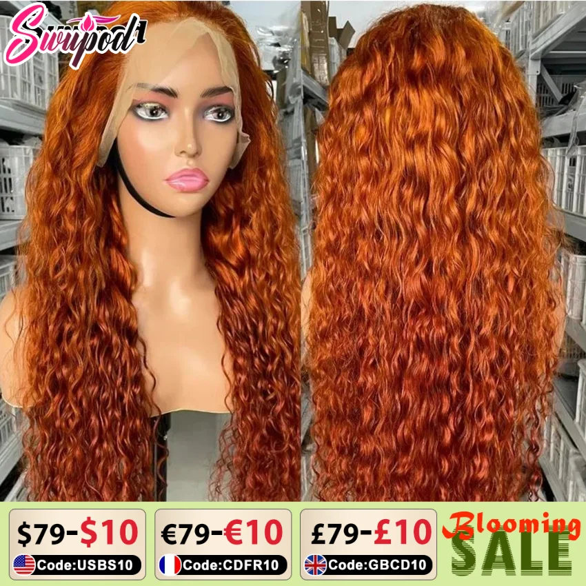 Swupod 13x4 13x6 200 Density Transparent HD Lace Front Wig for Women Water Wave Remy Human Hair Ginger Orange Color Glueless