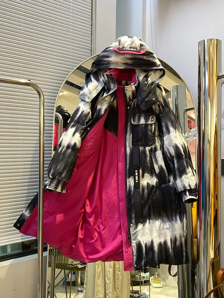 Design Sense Lange Daunenjacke für Damen 2025, Winter, neuer Stil, locker, dick, über dem Knie, Kontrastfarbe, trendige Markenjacke