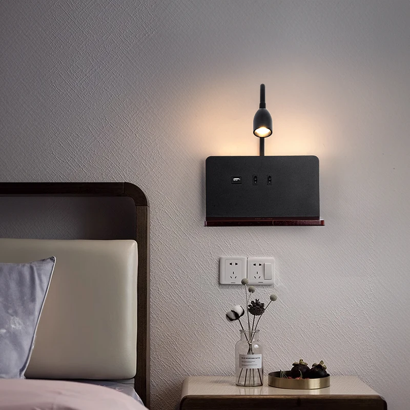LED 나무 무선 충전 벽 램프, USB 소켓, 스위치가 있는 회전식 램프 헤드, 실내 침대 옆, 거실, 공부 조명