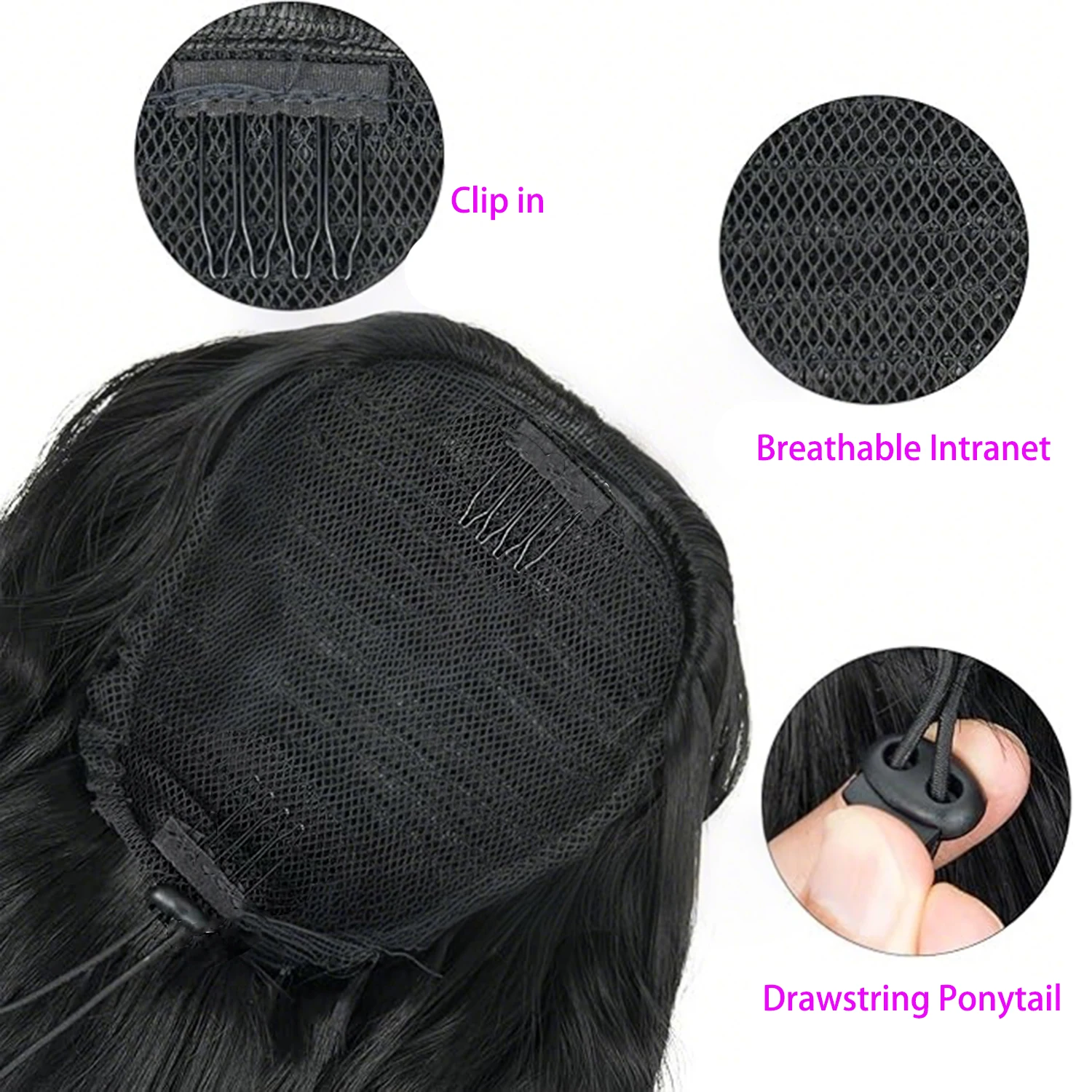 ポニーテールエクステンション水波巾着ポニーテール人毛エクステンションブラジルナチュラルかつらクリップでレミー人毛