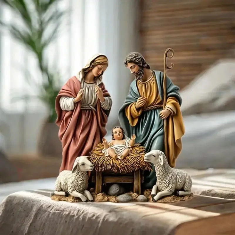 

Christmas Nativity Scene Tabletop Decor Set, Religious Display Figurines, Xmas Shelf Desk Office Home Decoration Gift