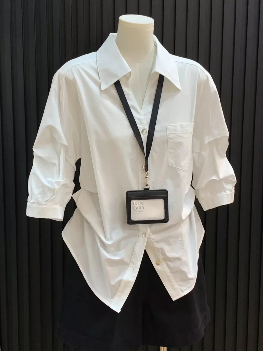 

Elegant White Collar Shirt Women's Spring Summer Loose Gathered Waist Design Seven-Quarter Sleeve Breathable Cotton Poly...