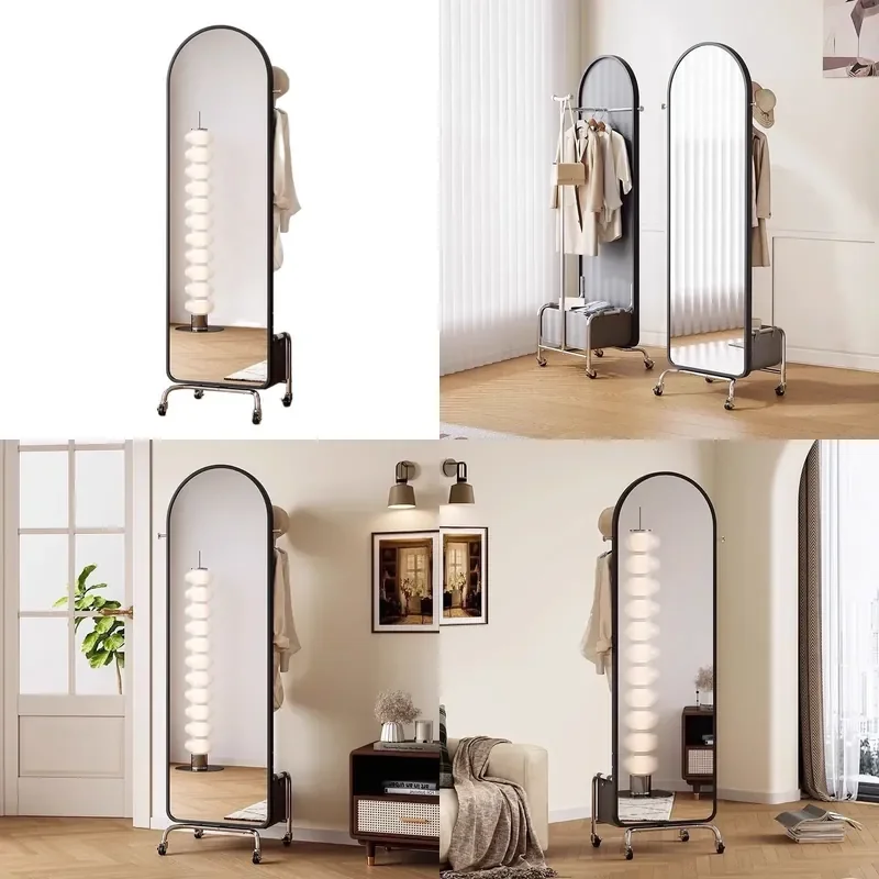 Luxury Floor to Ceiling Full Length Mirror with Rotating Coat Rack Mobile Standing Dressing Glass for Bedroom