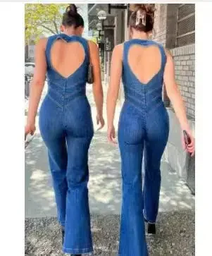 One Piece DENIM Jumpsuit ฤดูร้อนใหม่ Slim บาง Backless เอวสูง Overalls กางเกงยีนส์แขนกุดซิป V คอ Rompers กางเกงยาว