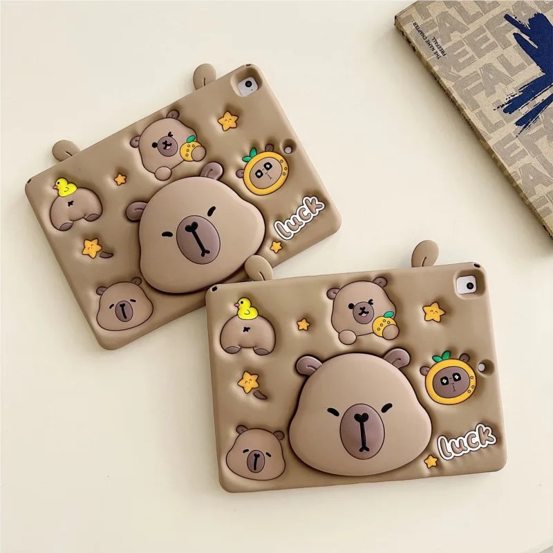For IPad 9 8 7th Child Case for IPad Air 2 3 4 5 10.9 2022 Mini 6 Pro 11 Cute Kapibara Telescopic Bracket Tablet Protective Case