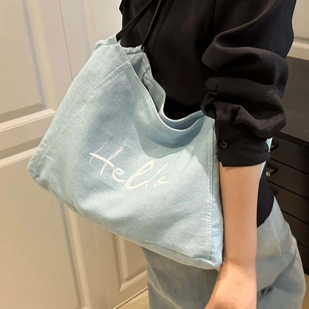 

Portable Denim Blue Tote Bag Korean Style Vintage Commuting Shoulder Pouch Magnetic Button Letter Embroidery