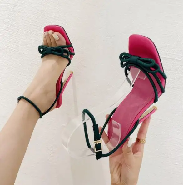 New Fashion Square Open Toe Thin High Heel Women Summer Sandals Butterfly-Knot Decoration Ankle Buckle Strap Party Shoes