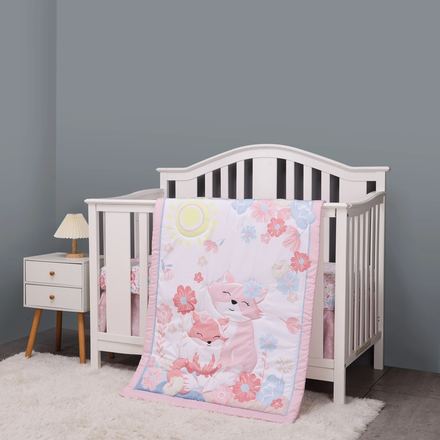 

3Pcs Cot Crib Bedding Set for Baby Girls Comforter Set Ultra Soft (Comforter+Fitted Sheet+Crib Skirt)