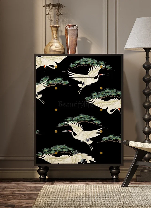 

French crane Chinese style solid wood chest of drawers living room wall storage chest of drawers