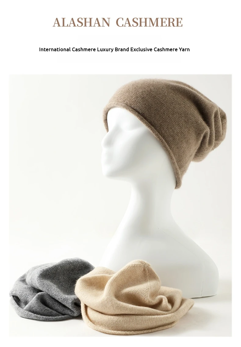 Damen-Mützen aus 100 % reinem Kaschmir, solide Kappen, gerollter Saum, lässig, Basic, weich, Herbst und Winter, echter Kaschmir, warme Schlafhaar-Mütze – Detail 2