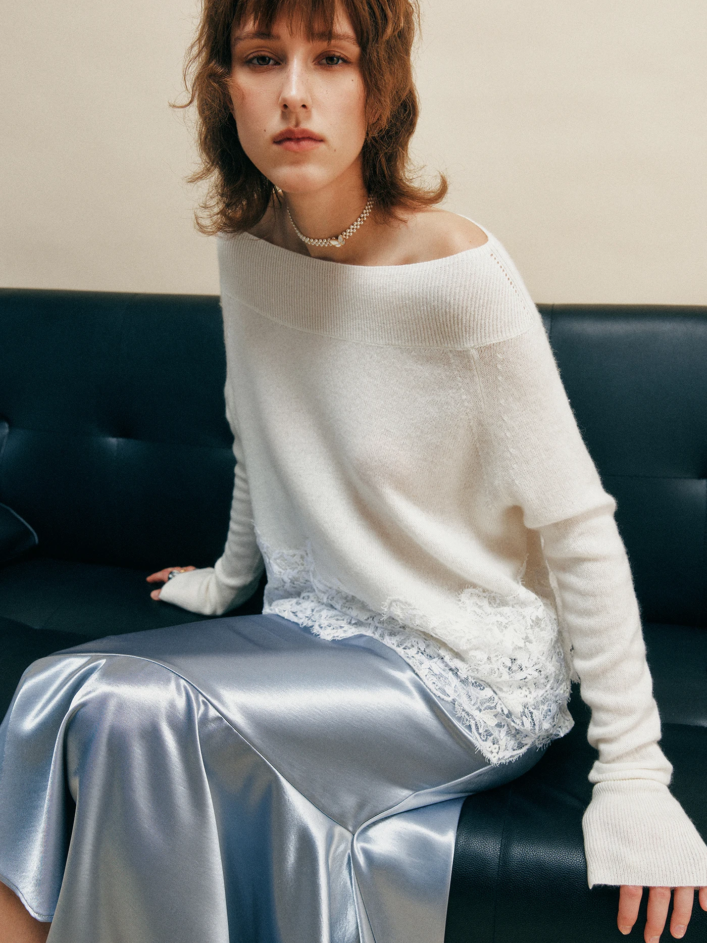 

e Relaxing Women's Knitted Top Wool Camere Blend Lace Splicing oulder Bared Long Sve Warm Regular Fit Winter Fa...