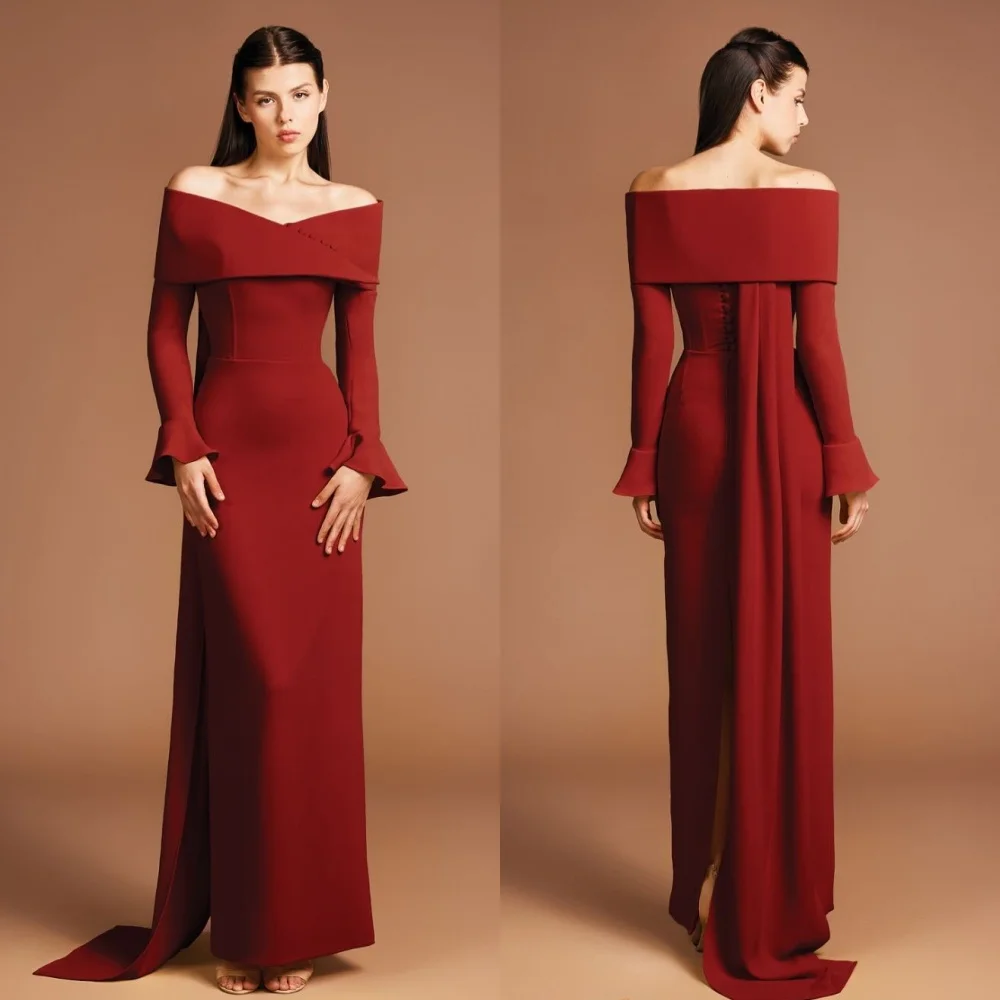 

Customized Formal Fashion Jersey Pleat Button Straight Off-the-shoulder Long Dresses Bespoke Occasion Dresses Matching Classic