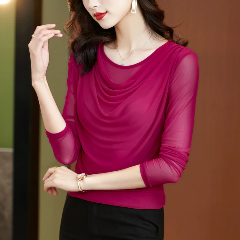 New Girls Mesh T Shirts Tees Female Spring Autumn Full Sleeve O Neck Tops Undershirts For Women M-4XL