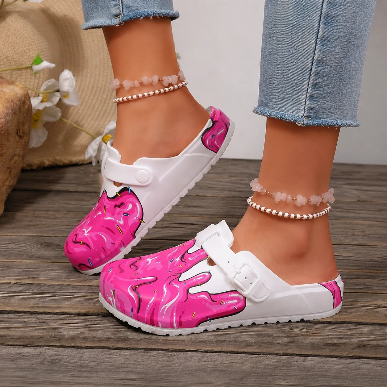 Women's Pink Donut Print Nurse Shoes Closed Toe Adjustable Strap Slip On Nursing Clogs