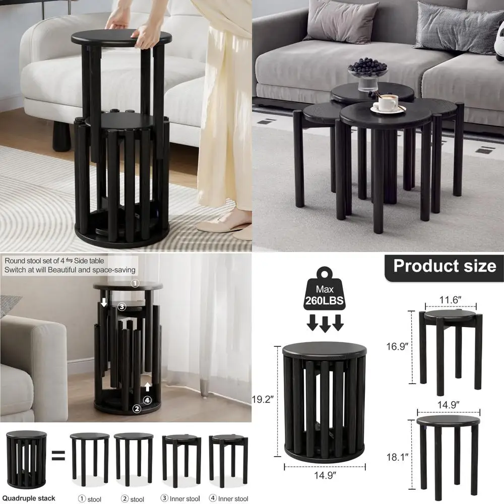 

Set of 4 Stackable Wooden Stools, 18 High, Durable and Easy to Store, No Assembly Needed