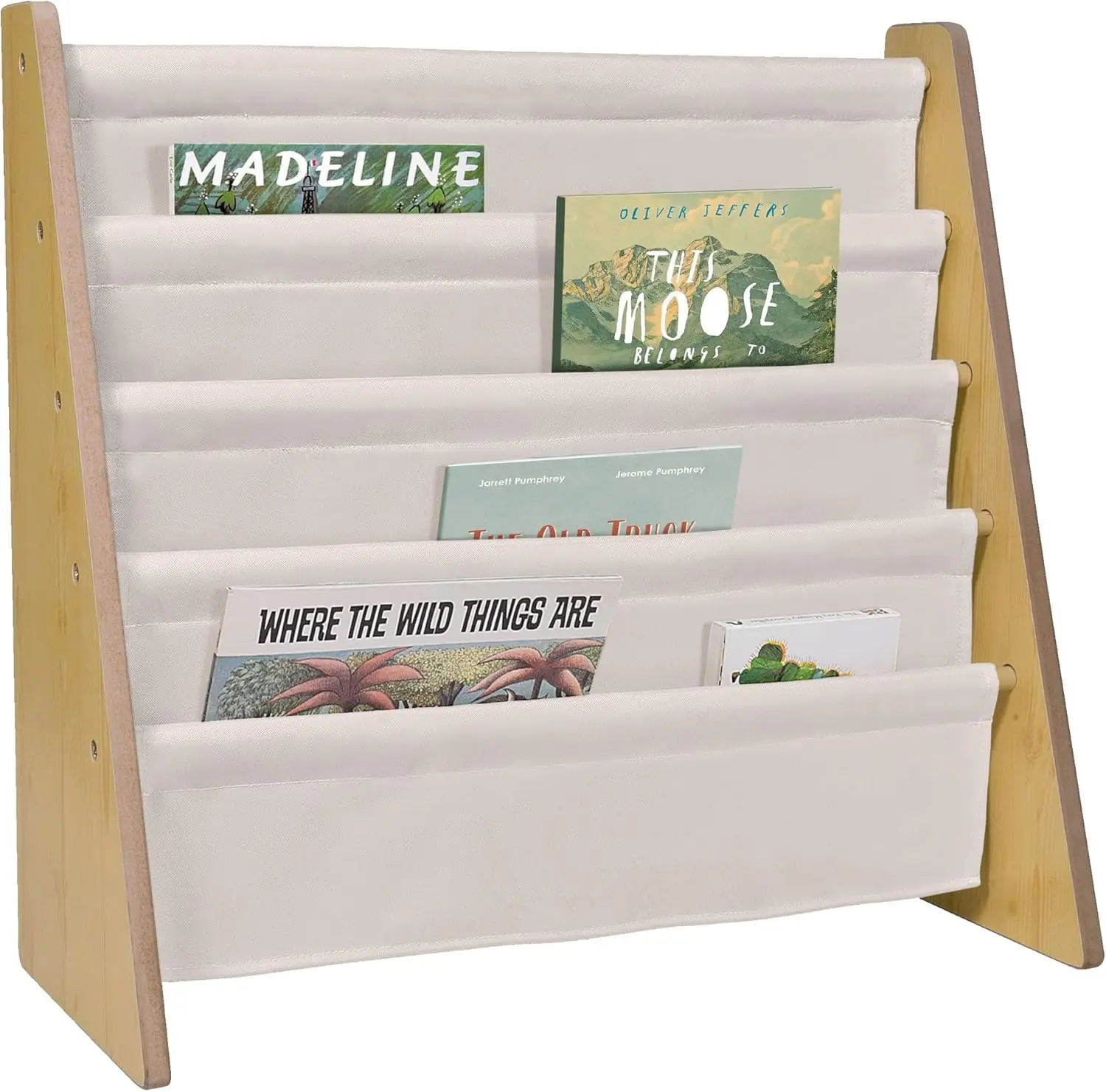 

Kids Wooden Sling Bookshelf with Canvas Design, 4 Fabric Shelves for Home or Classroom Storage