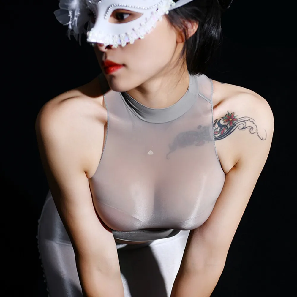 Sheer Tops Womens Fashion Fashionable Glossy Bra Breathable Comfortable Crop Top Halter See-through Ultra-thin image 2