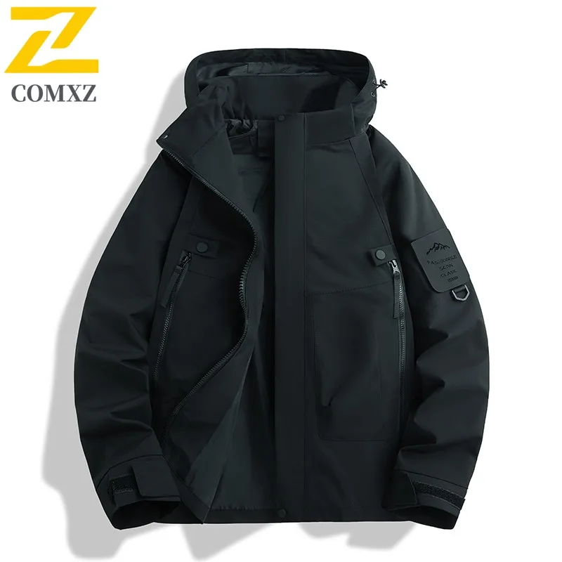 COMXZ Men Chaqueta Handsome Multi Pocket Hooded Loose Korean Trendy Camping Fishing Jackets 2025 Daily Comfortable Stylish Coat