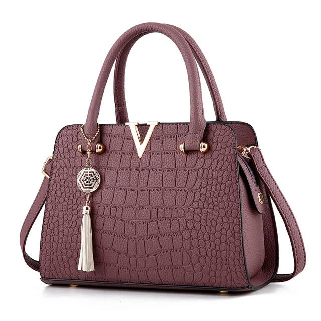 Fashion Women Handbags Tassel PU Leather Totes Bag Top-handle Embroidery Bag Shoulder Bag Lady Simple Style Crocodile pattern