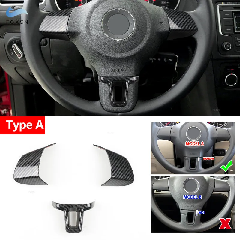 For VW Golf 6 MK6 Jetta Bora Polo Touran Caddy Eos 3pcs Car Steering Wheel Panel Cover Trim ABS Carbon Fiber Grain Accessories