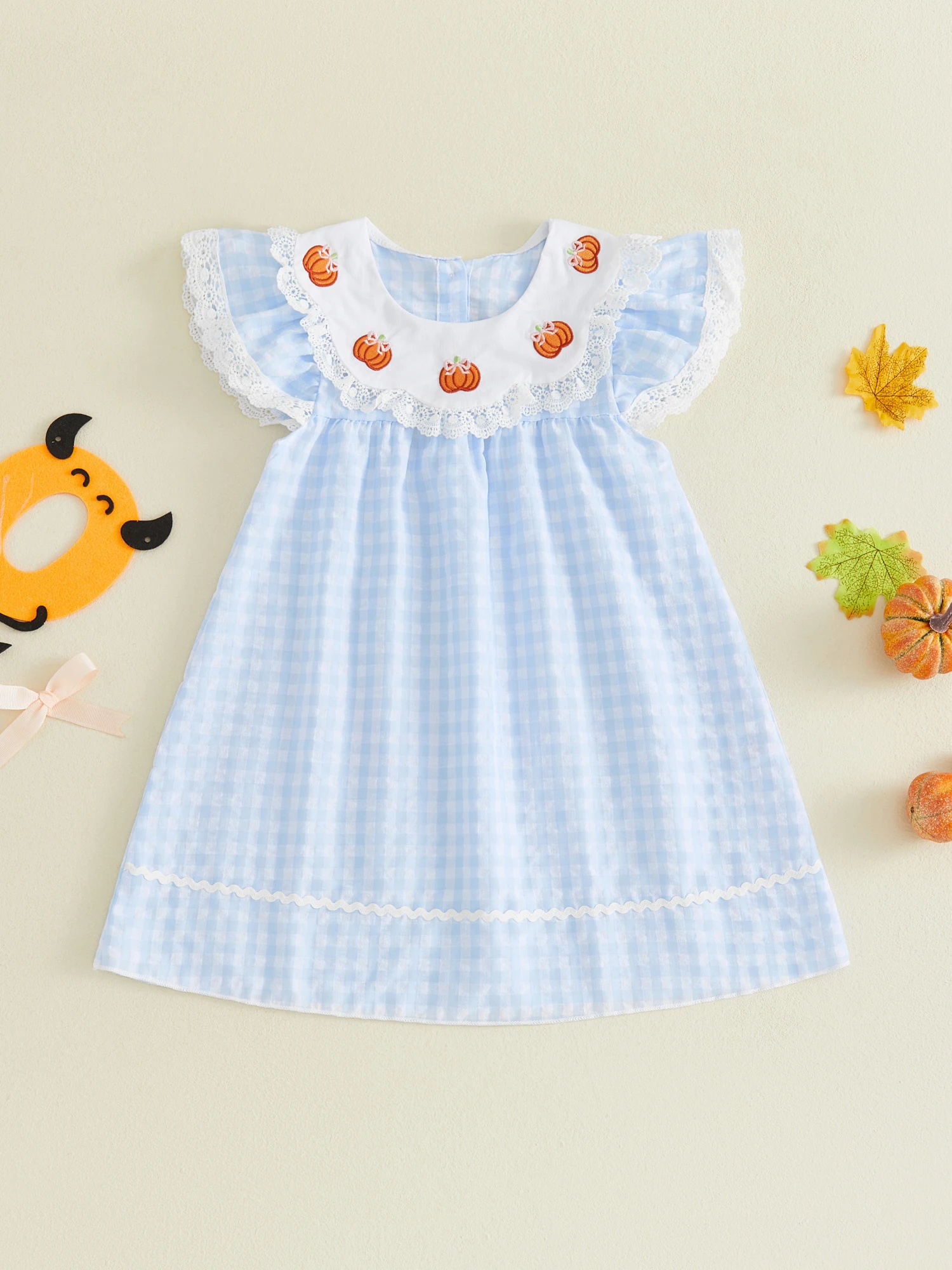 1-6 Jahre Kleinkind Mädchen Halloween-Kleid Niedliches Kürbis-Stickerei Flügelärmel Rundhals Kariertes Spitzenkleid Kostüm – Detail 10