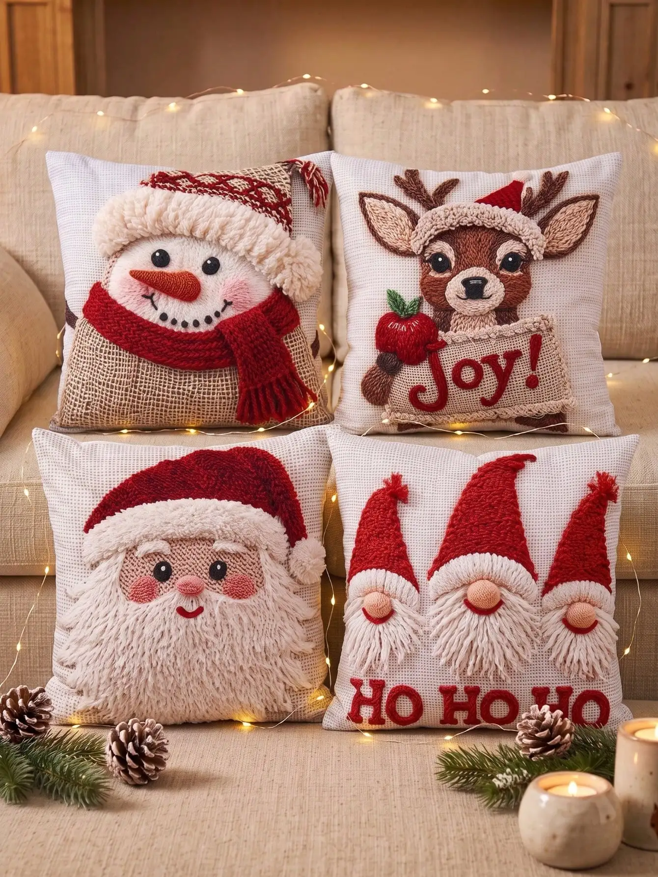 4Pcs Christmas Pillow Covers, 45*45cm Peach Skin Throw Pillowcase With Red Knitted Santa Claus, Snowman, Reindeer, Gnomes Design, Cushion Cover, Merry Christmas Decorations, Christmas Decoration, (Pillow Insert Not Included)